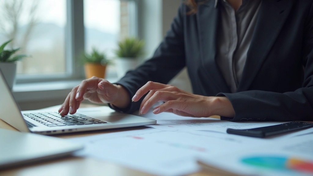 Профессионал анализирует информацию на рабочем столе с документами и ноутбуком в современном офисе