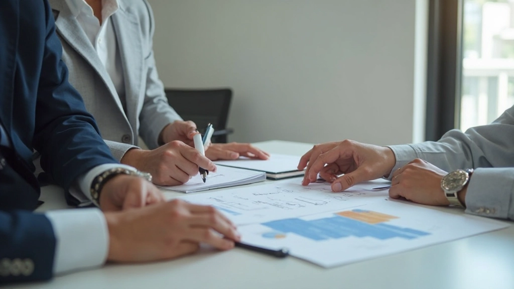 Профессиональное фото офисного пространства с людьми, обсуждающими документы на английском языке