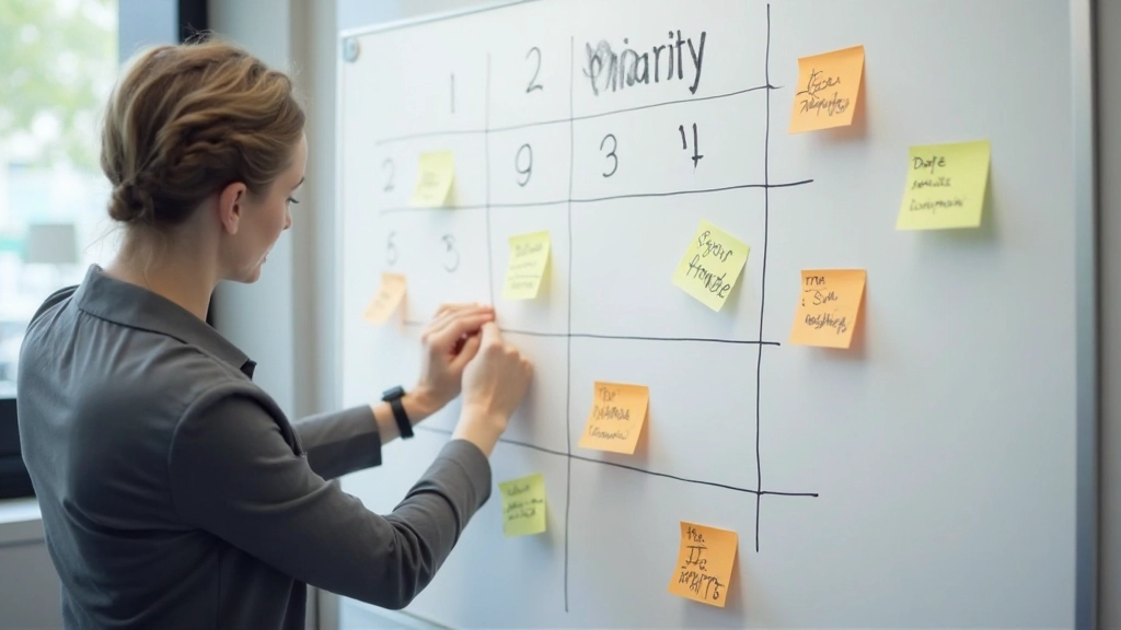 Доска с матрицей приоритизации и стикерами различных цветов