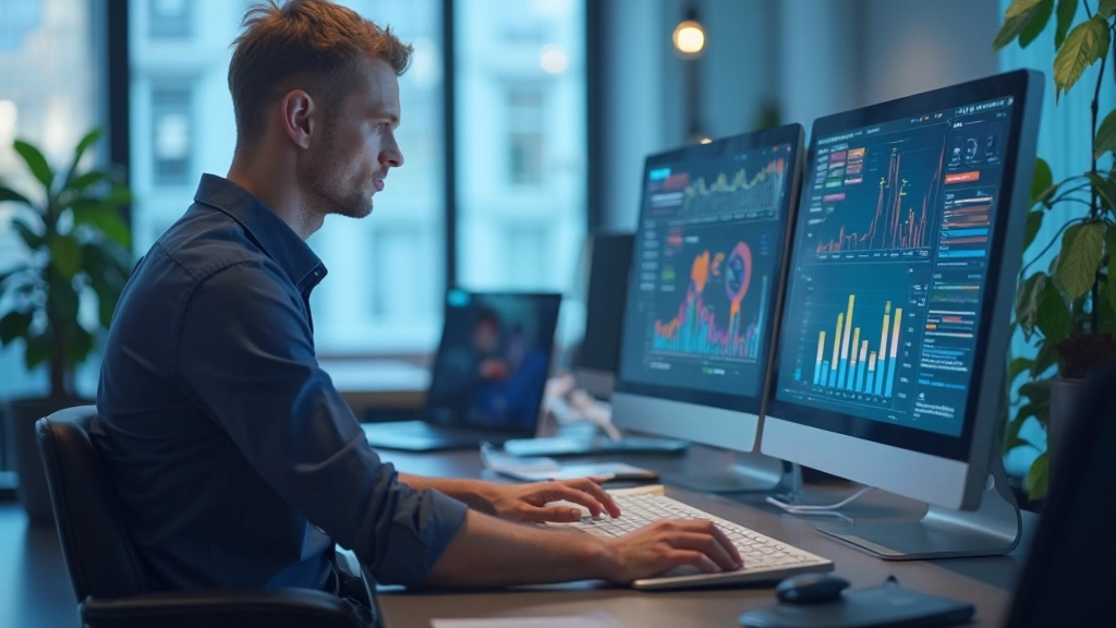 Профессиональная фотография аналитика, работающего с графиками и диаграммами на экране компьютера