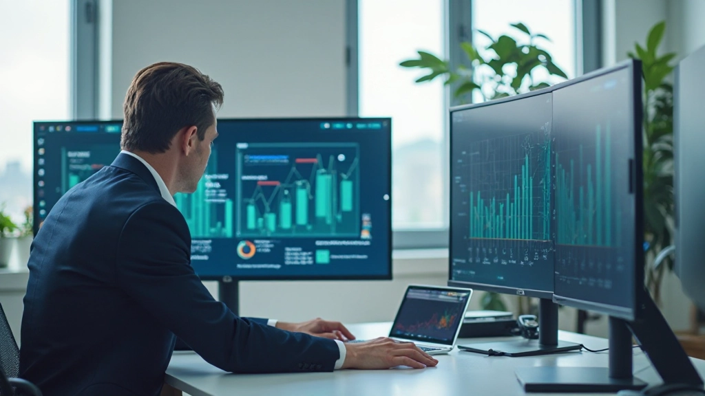 Специалист анализирует данные на большом экране компьютера