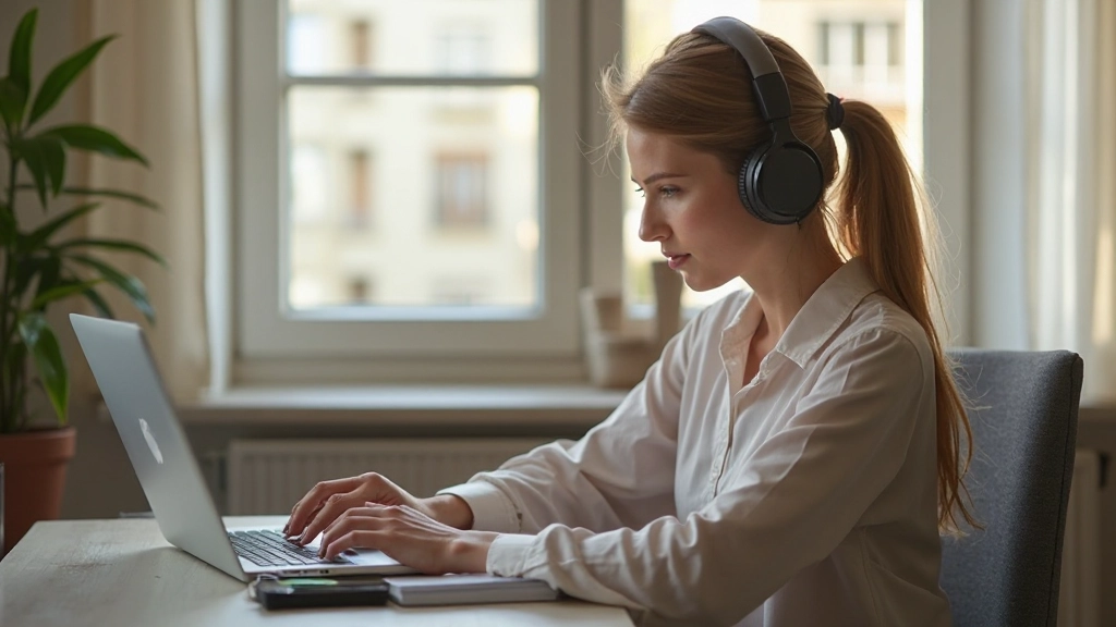 Человек с наушниками, обучающийся иностранному языку на ноутбуке в удобной домашней обстановке