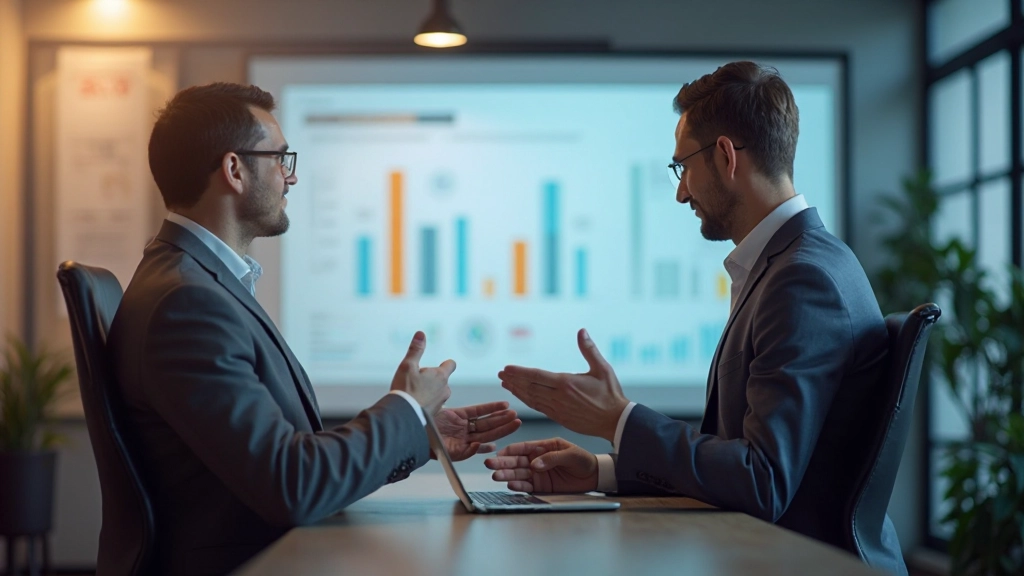 Двое профессионалов в деловых костюмах обсуждают финансовые показатели в конференц-зале