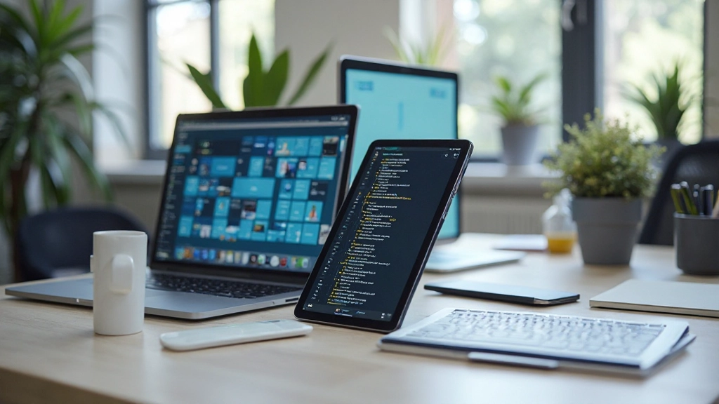 Рабочий стол с различными цифровыми устройствами и инструментами для управления информацией