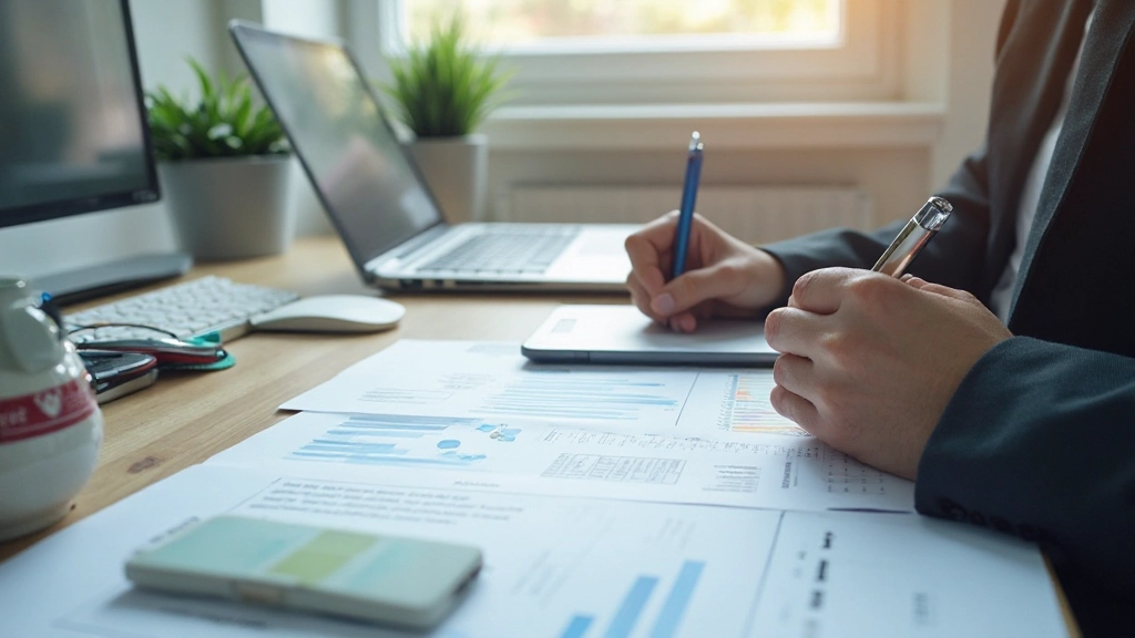 Профессиональное рабочее место с организованными документами и цифровыми инструментами для работы с информацией